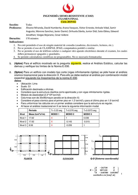 Finales Sismos Exame Sismo Ingenier A Sismo Resistente Ci