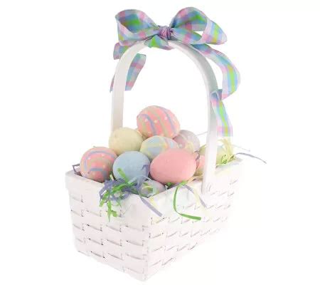 White Woven Easter Egg Basket With 24 Sugared Eggs By Valerie QVC