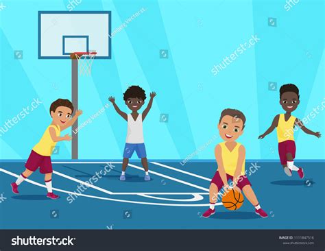 Vector Cartoon Illustration Kids Playing Basketball Stock Vector ...