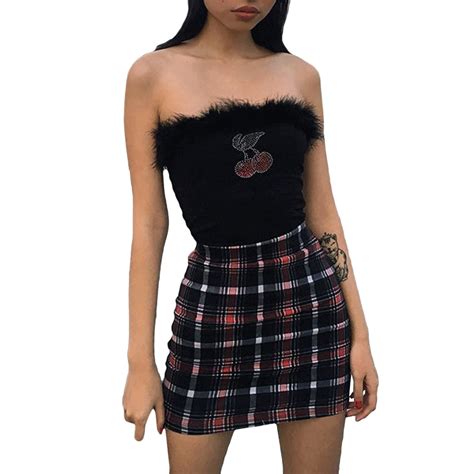 Sexy Cherry Rhinestone Tube Top Women Strapless Fluffy Fur Patchwork Crop Tops Ladies Bustier