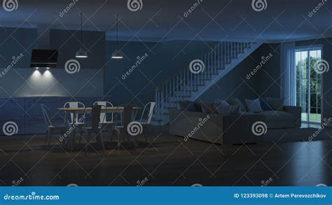 Modern House Interior Night Evening Lighting Stock Illustration