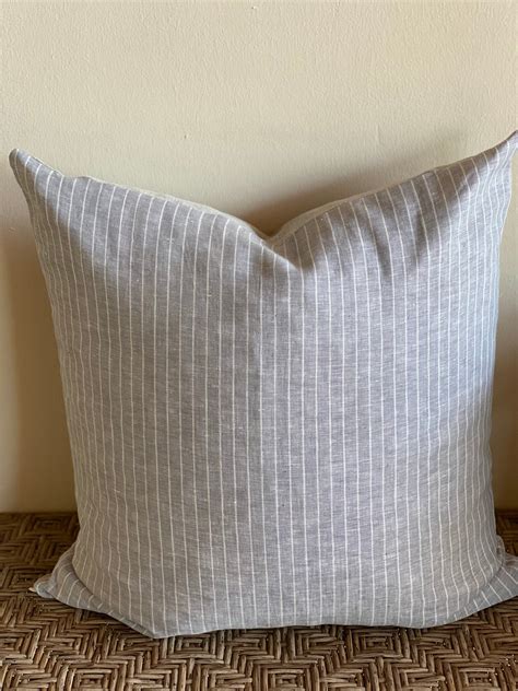 Designer Gray Stripe Pillow Cover Thin White Stripe With Flax Etsy