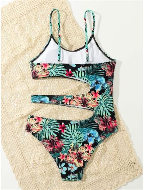 Buy Shein Teen Girls Tropical Print Cut Out One Piece Swimsuit Online