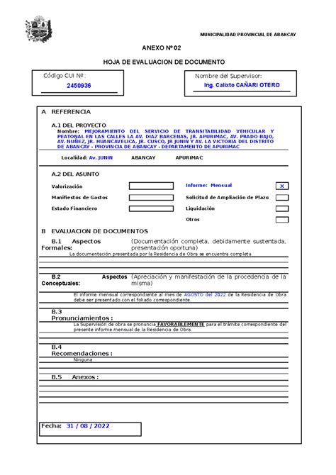 Hoja De Evaluacion Agosto F Municipalidad Provincial De