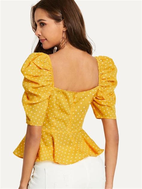 Shein Polka Dot Puff Sleeve Peplum Top Polka Dot Blouse Outfit