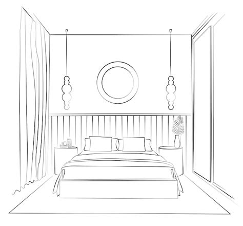 Dessin Linéaire Dune Chambre Avec Un Grand Lit Mobilier Scandinave