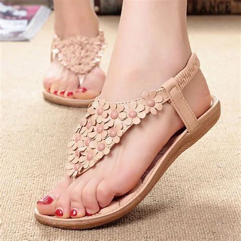 Muqgew Fashion Summer Bohemia Sweet Beaded Sandals Sex Clip Toe Sandals Beach Shoes Khaki And