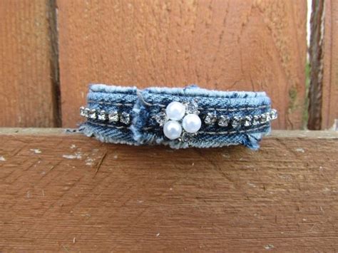 Bracelet Recycled Denim With Vintage Rhinestones Diamonds