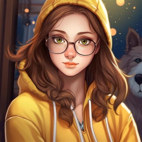 Premium Photo Anime Girl With Glasses And A Yellow Hoodie With A Wolf Generative Ai