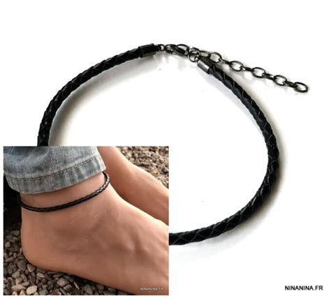 Bracelet cheville tressé en cuir noir pour homme Ninanina