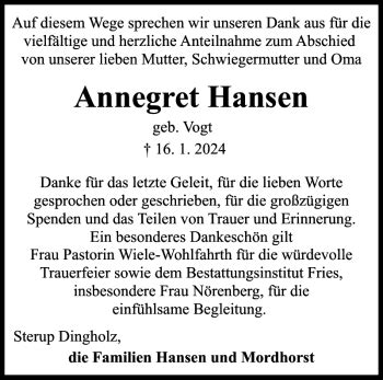 Traueranzeigen Von Annegret Hansen Sh Z Trauer