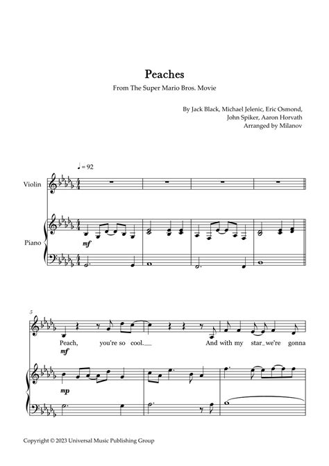 Peaches Arr Milanov By Jack Black Sheet Music For Violin And Piano At Sheet Music Direct