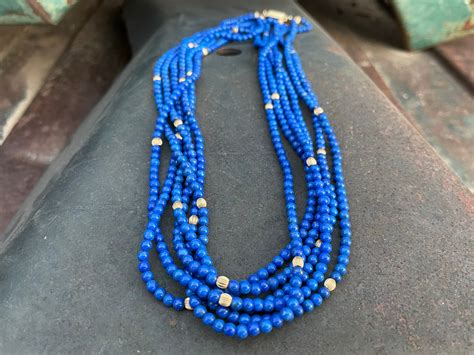 Vintage Multi Strand Lapis Lazuli And K Gold Bead Choker Necklace