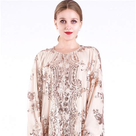 Muslim Women Sequin Lace Embroidery Cardigan Maxidress Islam Kaftan