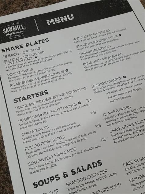 Menu at Sawmill pub & bar, Chemainus