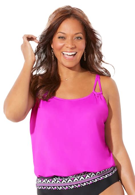 Swimsuits For All Womens Plus Size Loop Strap Blouson Tankini Set