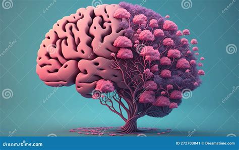 Human Brain Tree With Flowers Self Care And Mental Health Concept