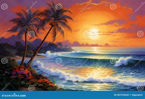 Beautiful Seascape With Palm Trees And Flowers Digital Painting Stock