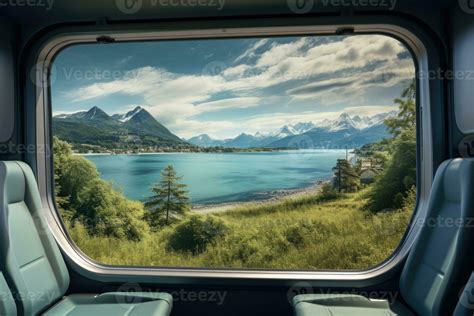 Empty train seats with snowy mountains landscape in window. 26790074 ...