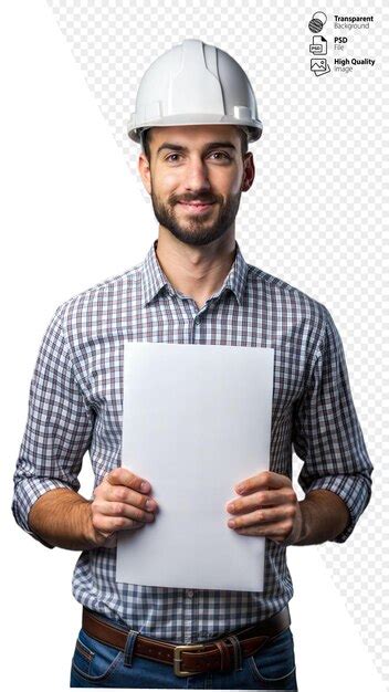 Smiling Construction Worker Holding Blank Paper Premium AI Generated PSD