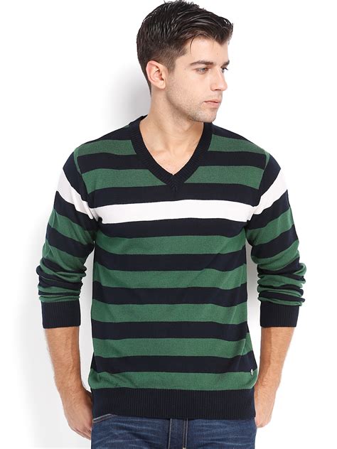 Buy Peter England Navy And Green Striped Sweater Sweaters For Men