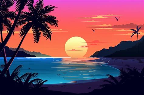 Dessin Coloris D Un Paysage De Plage Au Cr Puscule Tropical Photo