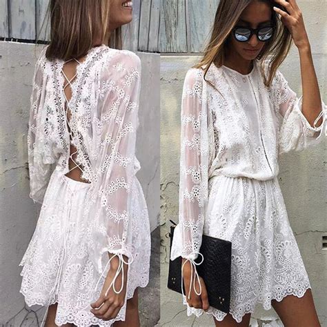 White Lace Dress 2017 Mulheres Elegantes Do Vintage Manga Comprida Oco