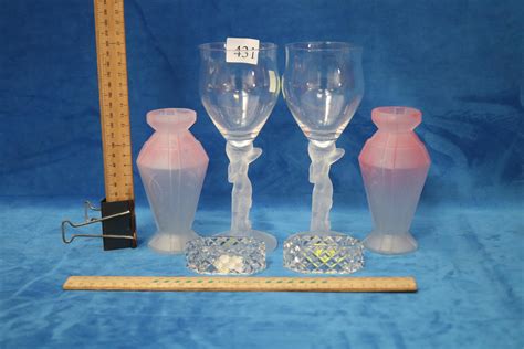 Lot ART DECO FRECKLED GLASS STEMMED GLASS WITH NUDE FIGURES FROSTED GLASS VASES CRYSTAL