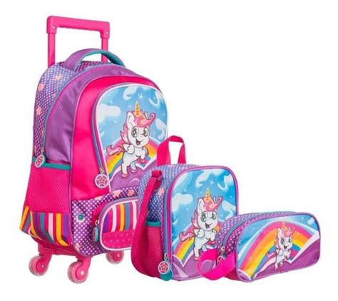 Kit Mochila Infantil Meninas Unic Rnio Rosa Rodinhas G Yins