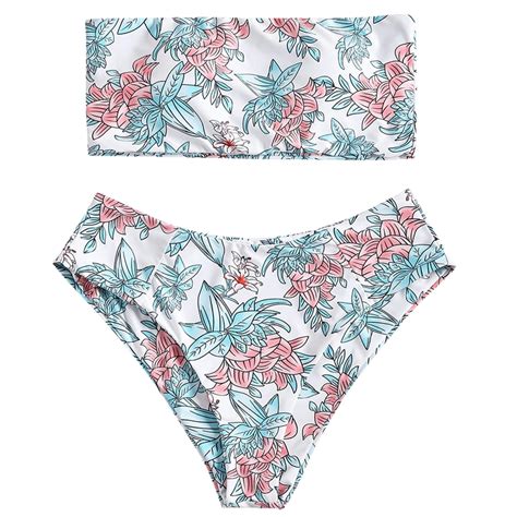 2018 Women Off Shoulder Bandeau Floral Print Bikini Set Sexy High Waist