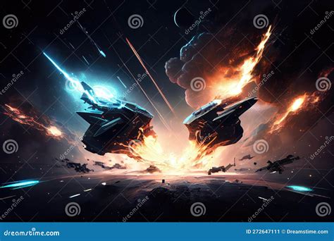 Battle Between Two Spaceships With Laser Beams And Explosions Piercing