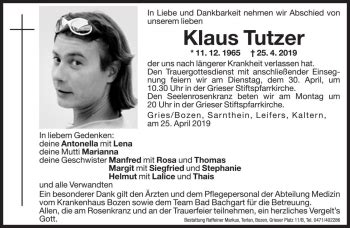 Traueranzeigen Von Klaus Tutzer Trauer Bz