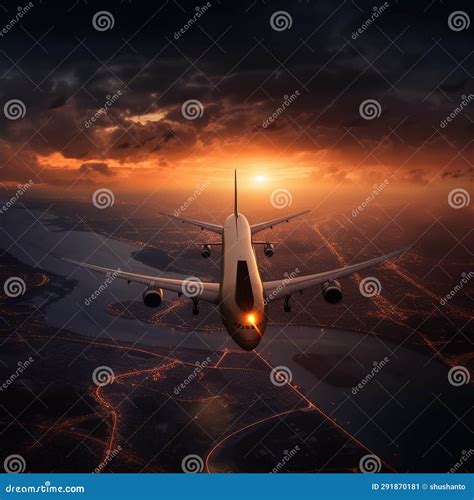 Plane Flying Towards the Sunset Stock Illustration - Illustration of ...