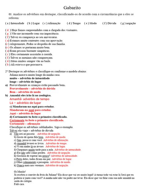 Atividades sobre Advérbios e Gabarito | PDF | Advérbio
