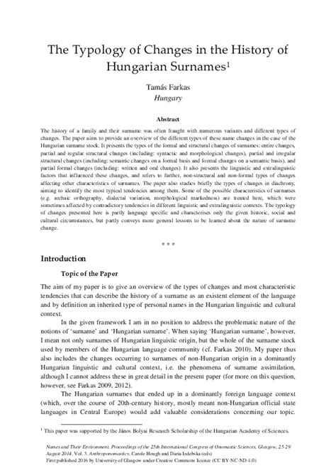 (PDF) Typology of Changes in Hungarian Surnames and Their Factors