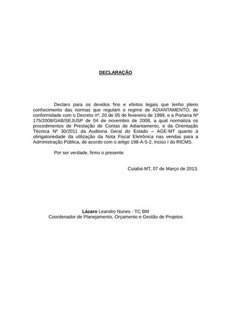 PDF DECLARAÇÃO cbm mt gov br DECLARAÇÃO Declaro para os devidos