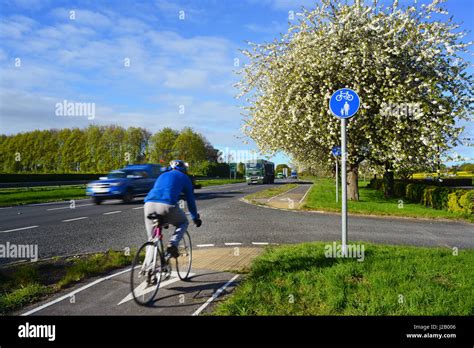 Cyclist Using Designated Cycle Lane At The Side Of The A64 Dual