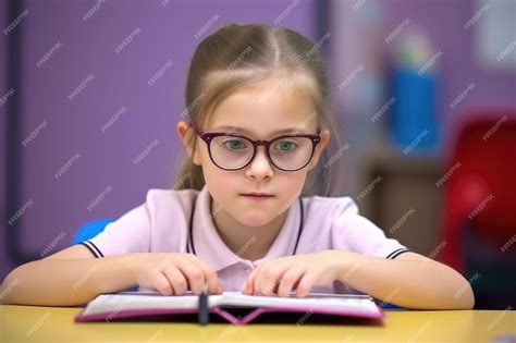 Premium Ai Image Primary School Girl With Glasses Reading A Book In