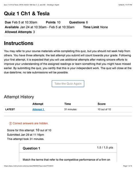 Quiz 1 Ch1 Tesla SP24 BUS3 189 Sec 1 2 and 80 Strategic Mgmt - Quiz 1