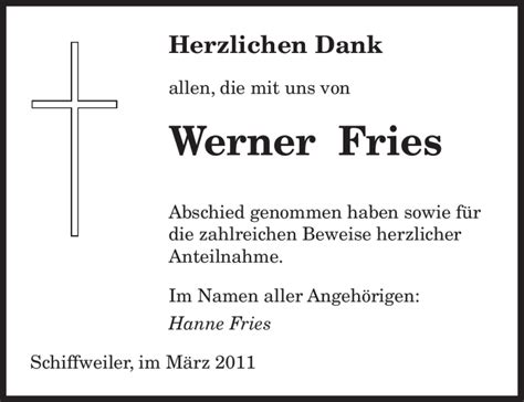 Traueranzeigen Von Werner Fries Saarbruecker Zeitung Trauer De