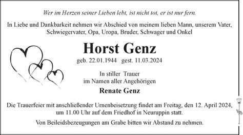 Traueranzeigen Von Horst Genz M Rkische Onlinezeitung Trauerportal