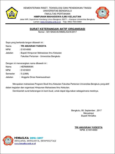 Contoh Surat Keterangan Aktivitas Berorganisasi Surat Keterangan