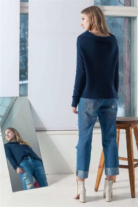 Dark Blue Cashmere Off Shoulder Sweater Agnes Krista Elsta