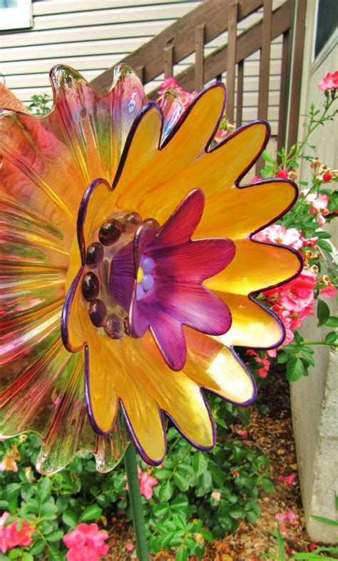 Vintage Glass Plate Flower Yard Art Repurposed Glass Sculpture Glass Garden Flower Outdoor