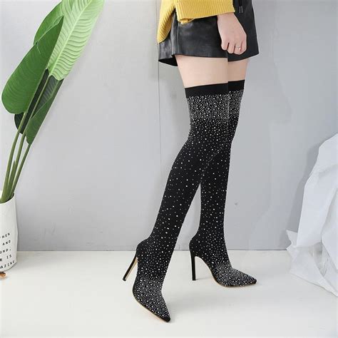 Buy Fashion Thigh High Women Boots Runway Crystal Stretch Fabric