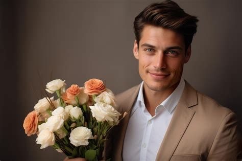 Premium Ai Image Portrait Of A Handsome Young Man Holding A Bouquet