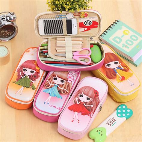 Large Capacity Pencil Bag Child Cute Girl Design School Pencil Case Pu