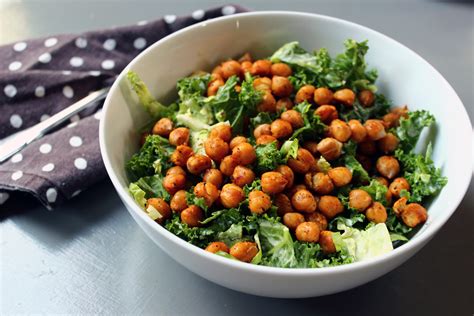 Kale And Brussel Sprout Caesar Salad With Spiced Garbanzo Beans Whipped