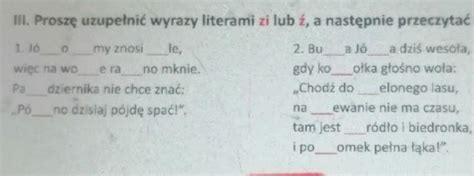 Iii Proszę Uzupełnić Wyrazy Literami Zi Lub ź A Następnie Przecz 1 Jó My Znosi Le 2 Bu A Jó