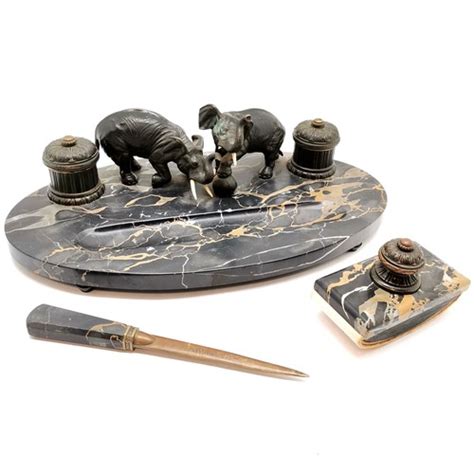 French Art Deco Marble Desk Stand With Bronze Elephants Inkwells